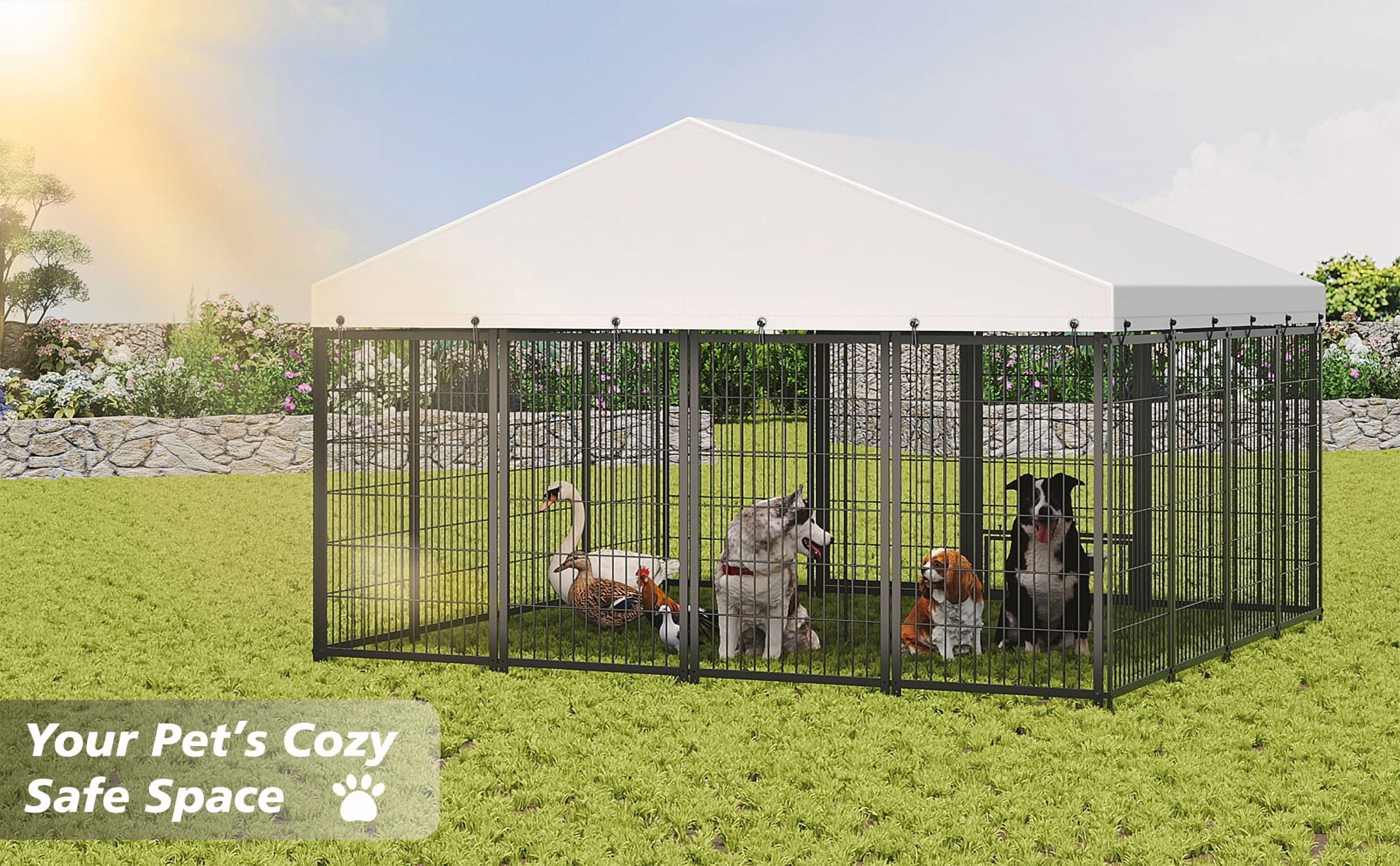 Large Dog Kennel Outdoor Pet Pens Dogs Run Enclosure Animal Hutch Metal Coop Fence with Roof Cover, 9.62'L x 9.35'W x 6.18'H