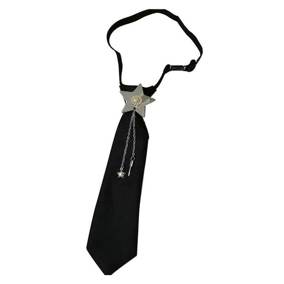 Women Mens Japanese Punk Black Necktie Star Metal Chain Tassels Jewelry Small Tie Adjusted