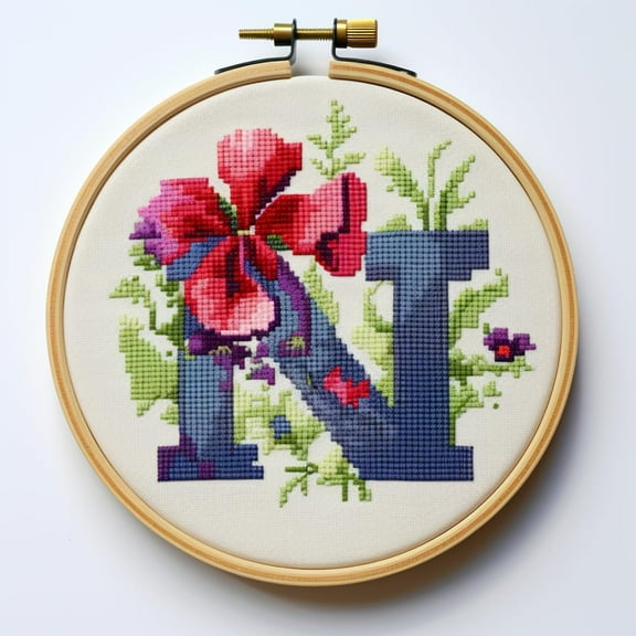 Letter N in Flowers Stamped Cross Stitch Kits for Beginners Easy with Hoop 11CT Needlepoint Embroidery Counted Cross Stitch Kits Art Craft Wall Decoration 35x35cm(1)