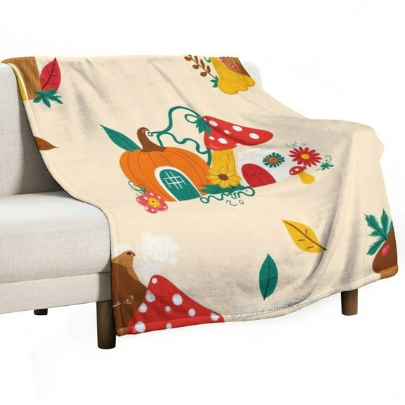Autumn Pumpkin And Mushroom Houses Pattern Blanket Soft Throw Warm Lightweight Plush Blanket for Couch Bed Sofa