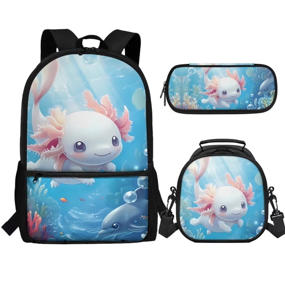 Jeiento Axolotl Backpack for Girls 8-12 Elementary School Bag with Lunch Box Pencil Case Blue Ocean Kindergarten School Bookbag Set 3 In 1 Kids Daycare Satchel Rucksack Travel Daypack