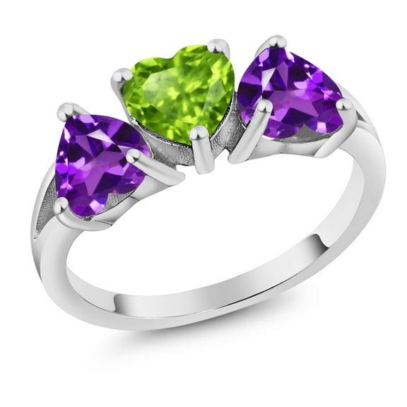 Gem Stone King 2.13 Cttw Heart Green Peridot and Purple Amethyst 3-Stone Ring for Women | 925 Silver | Heart 6MM | Gemstone Birthstone | Three Stone Wedding Engagement Anniversary Ring | Size 8