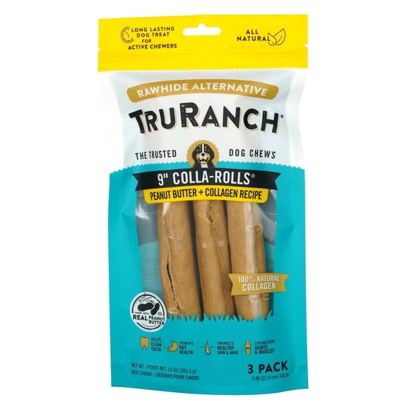 TRURANCH Collagen Rolls - 9" Collagen Rolls for Dogs - Long Lasting Healthy Joint Support Dog Treat - Rawhide Alternative - Skin & Coat Health - Made with Real Peanut Butter, 1 Bag, 3 Count