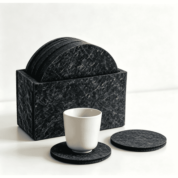 Set of 16 Premium Felt Drink Coasters with Holder, Dark Grey for Home and Kitchen