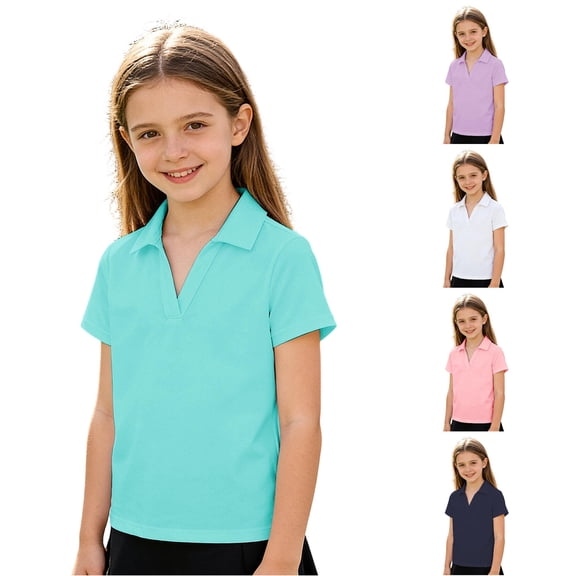 RUTAYY Girls Polo Shirt Turndown Collar Short Sleeve Solid Color School Casual Children Shirt Mint Green