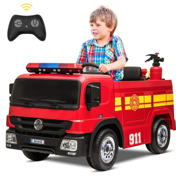 Pirecart 12V Kids Ride on Car Electric Powered Fire Truck Toy with Remote Control, LED Lights