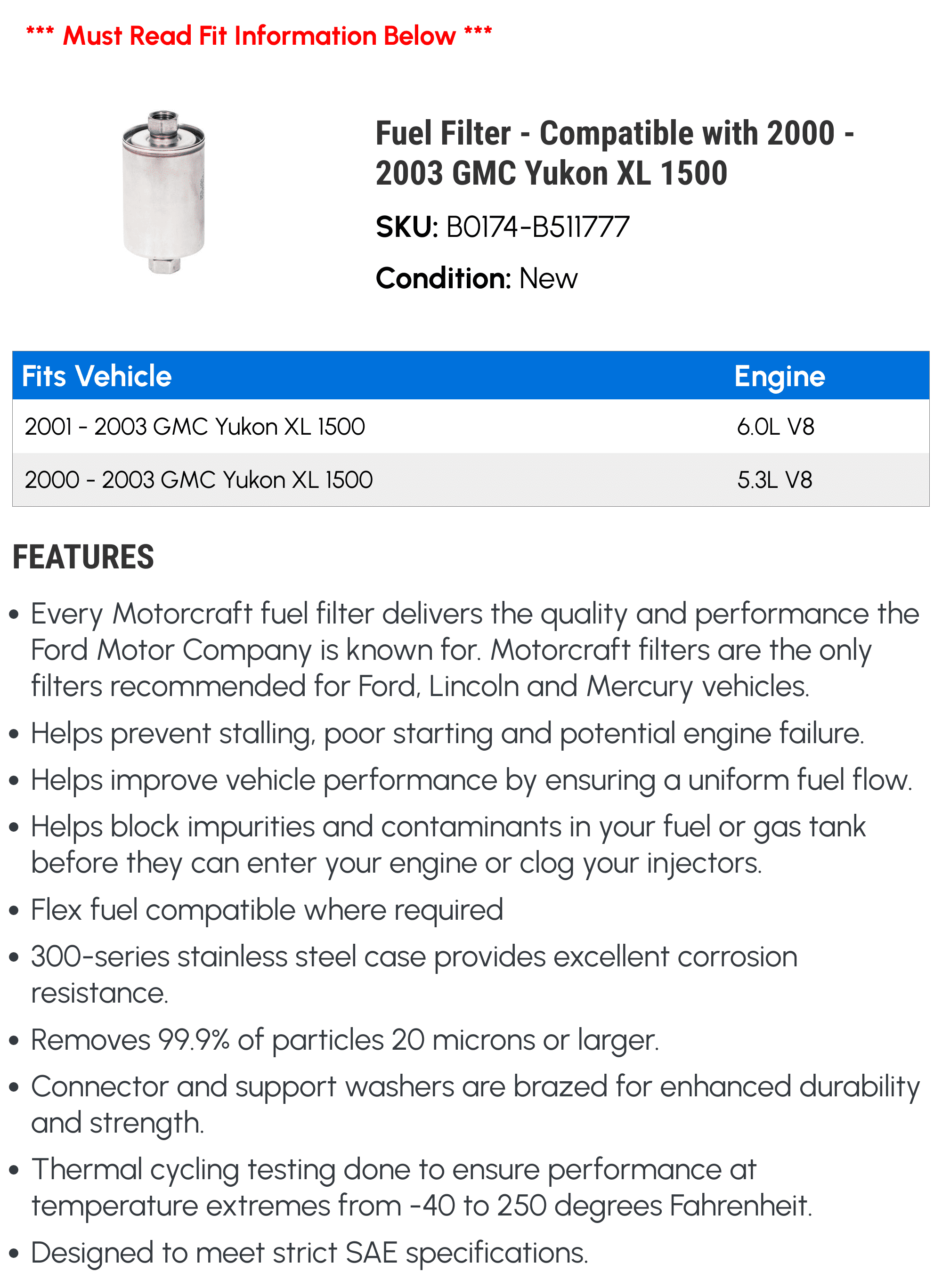 Fuel Filter - Compatible with 2000 - 2003 GMC Yukon XL 1500 2001 2002
