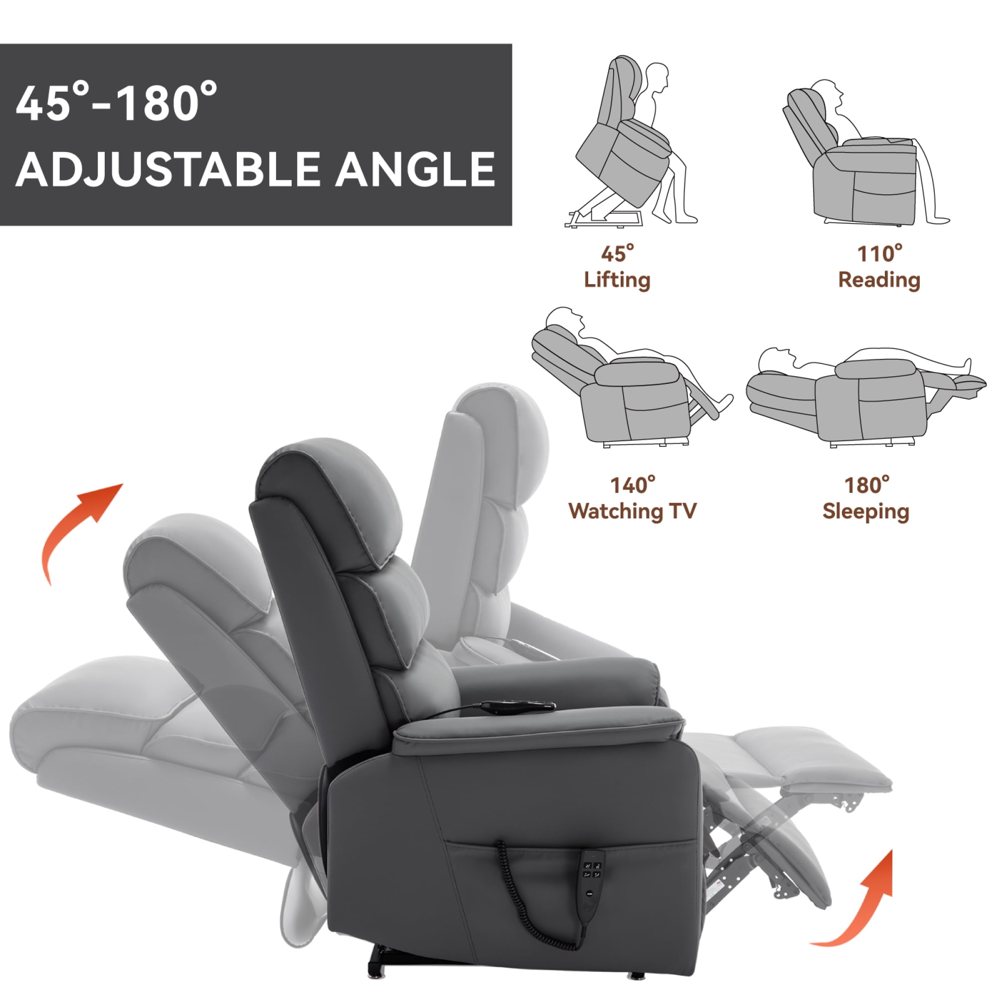 Leumius Power Lift Recliner Chair for Elderly with Vibration Massage and Lumbar Heating,Electric Lift Recliner Single Sofa with Side Pocket and Infinite Position for Living Room,Gray