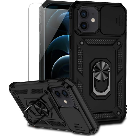 for iPhone 12 Mini Case with Camera Lens Cover HD Screen Protector, Dual Layer Military Grade Drop Protection Magnetic Ring Holder Kickstand Protective Phone Case for iPhone 12 Mini 5.4 inch (Black)