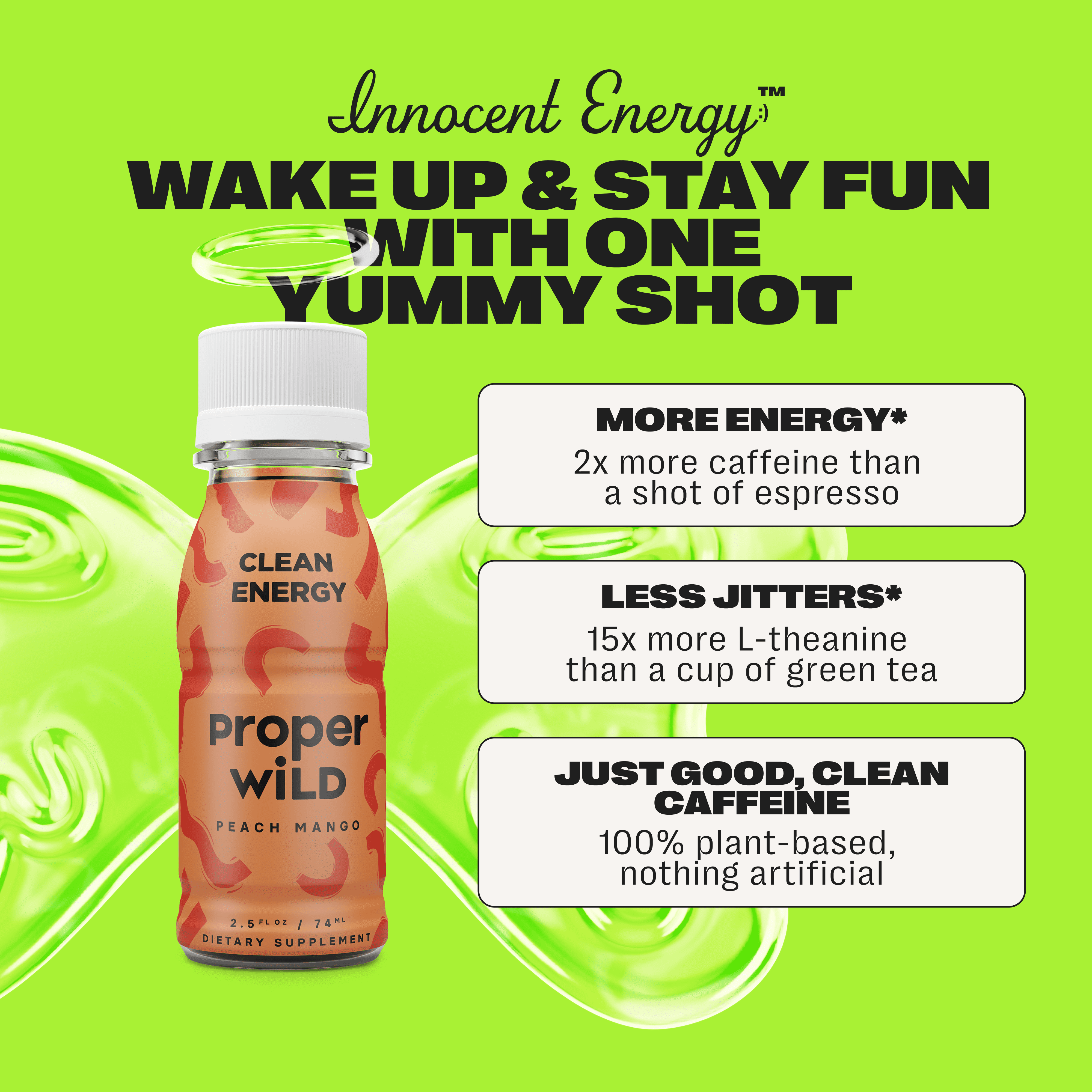 Proper Wild, Natural Clean Energy Shots, Caffeine & L-Theanine, Peach Mango, 6-Pack