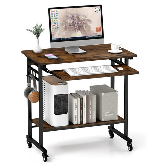 Rolling Computer Desk Cart with Keyboard Tray, Mobile Portable Laptop PC Desk with CPU Stand & 3 for Sofa & Bed, Industrial Small Desk on Wheels for Small Spaces, Home Office Desk Rustic Brown