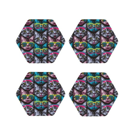 

Fuzoiu Happy Kitten Faces Print Leather Coasters Set Drink Coasters Set of 4 for Tabletop Protection Durable PVC Coasters Home Décor and Housewarming Gift-Hexagon