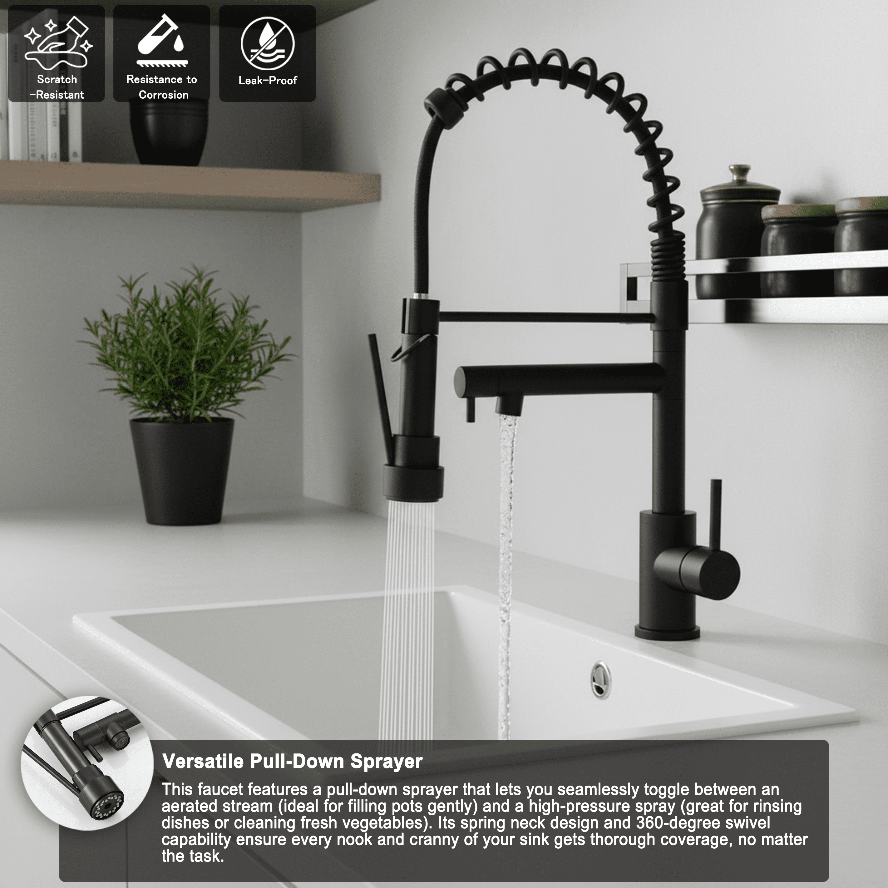 Kitchen Faucet with Pull Down Sprayer,Touch On Single Handle 2-Function Stainless Steel Spring Neck,Single Hole Installation for Residential,Bar,Matte Black