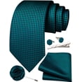 thumbnail image 5 of Turquoise Ties for Men Plaid Checkered Teal Tie Set Silk Necktie Pocket Square Handkerchief Cufflinks Lapel Pin Tie Clip, 5 of 6