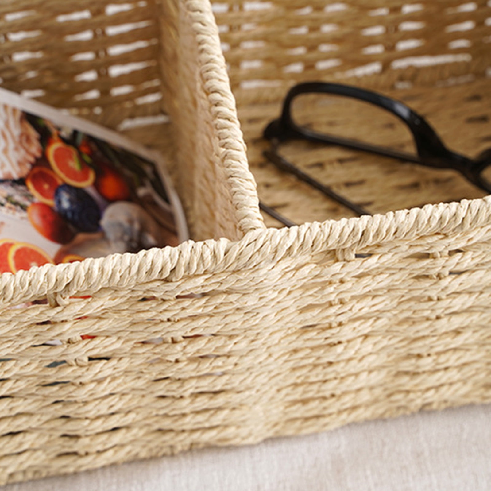 Kuroiy Modern Multi-Compartment Cosmetics Storage Box Organizer | Rattan Paper Rope | Large Capacity Desktop Basket | Coffee Beige Modern Design | Dorm Desk Accessories