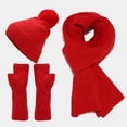 thumbnail image 2 of MIASHUI Unisex Autumn Winter Outdoor Cold Protection Warm Hat, Gloves, and Scarf Three-Piece Set, Solid Color Knit Scarf Set Red, 2 of 6