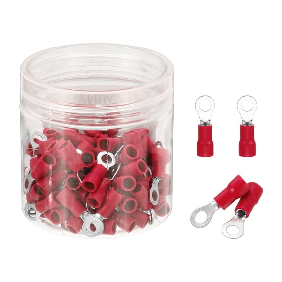 Uxcell 100Pcs Insulated Ring Terminal RVS1.25-3.5 Battery Lugs 22-16AWG Electrical Crimp Terminals Eyelet Wire Connectors for Industrial, Electrical Wiring, Red