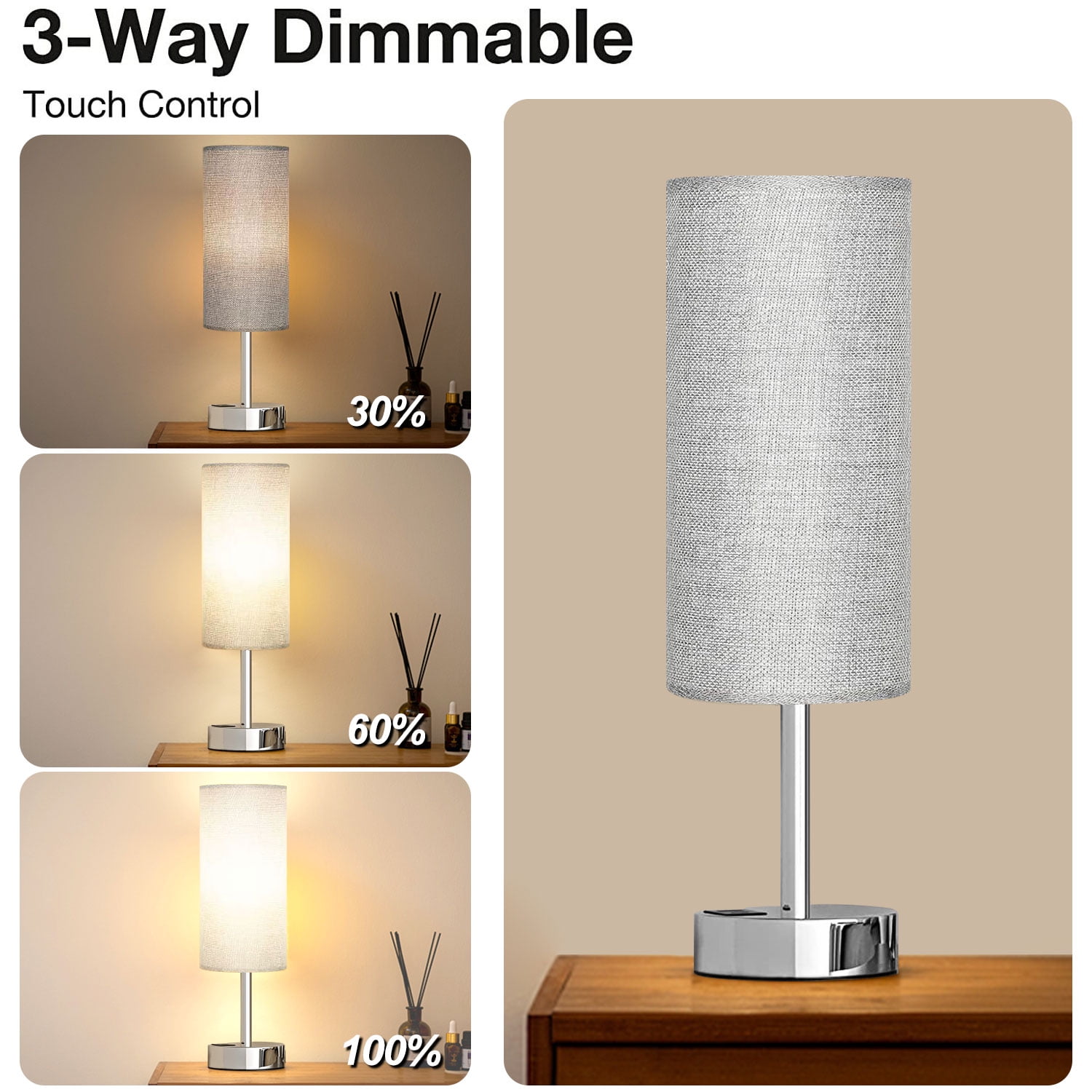 HadinEEon Silver Dimmable Touch Table Lamp with USB C A Charging