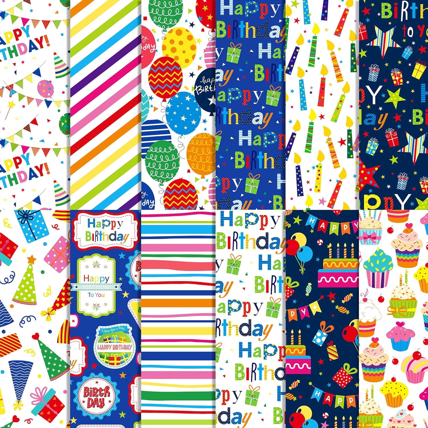 24 Sheets Happy Birthday Scrapbook Paper 11.8'' x 11.8'' Candle Balloon Topper Dessert Gift Birthday Themed Pattern Double Sided Decorative Sheets for DIY, Junk Journal,Collage,Card Making Supplies