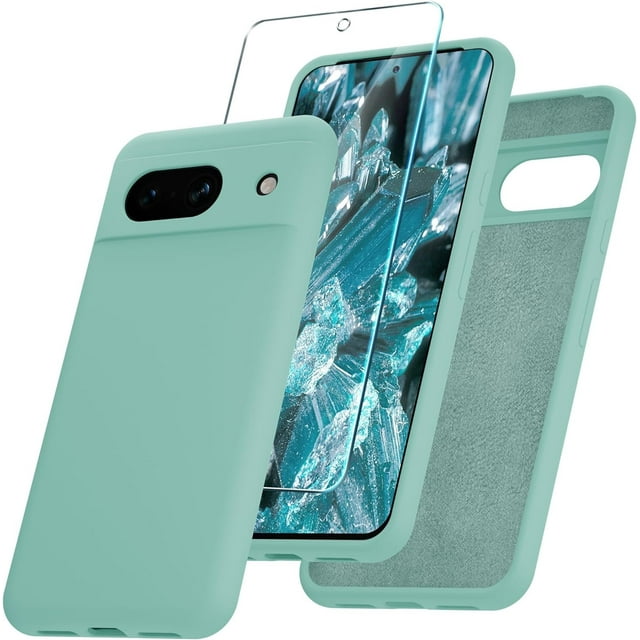 KOMI for Google Pixel 8a Case, Silicone Phone Case with 1 Screen Protector, Soft Anti-Scratch Microfiber Lining, Full Body Shockproof Slim Cover Support Wireless Charging, Light Green