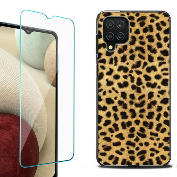 Slim-Fit Flexible TPU Gel Phone Case (black) for Samsung Galaxy A12, with Tempered Glass Screen Protector, by OneToughShield ® - Cheetah Gold/Black