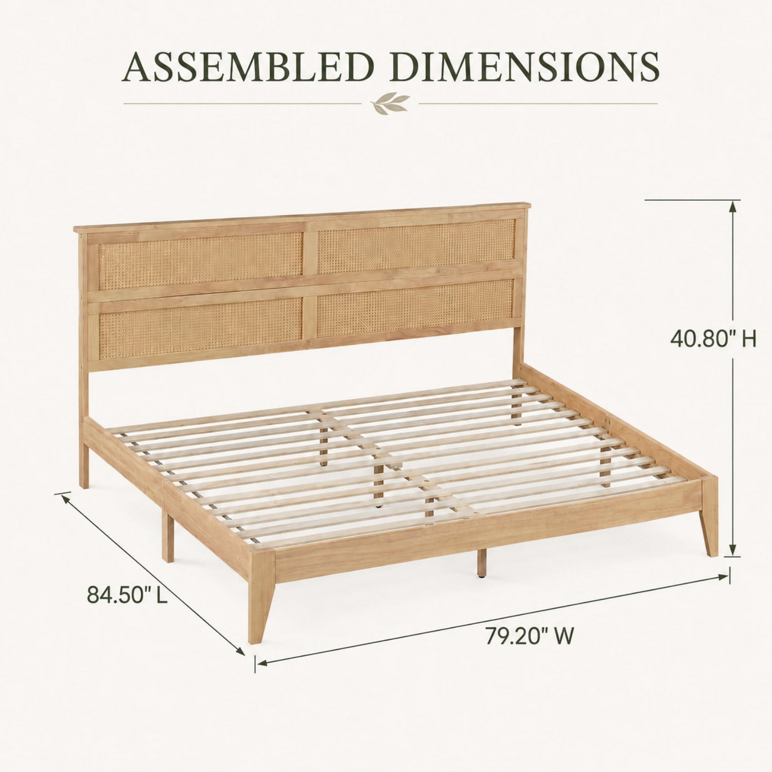 Miniyam King Size Rubber Wood Bed Frame with Rattan-Style Woven Headboard, Natural