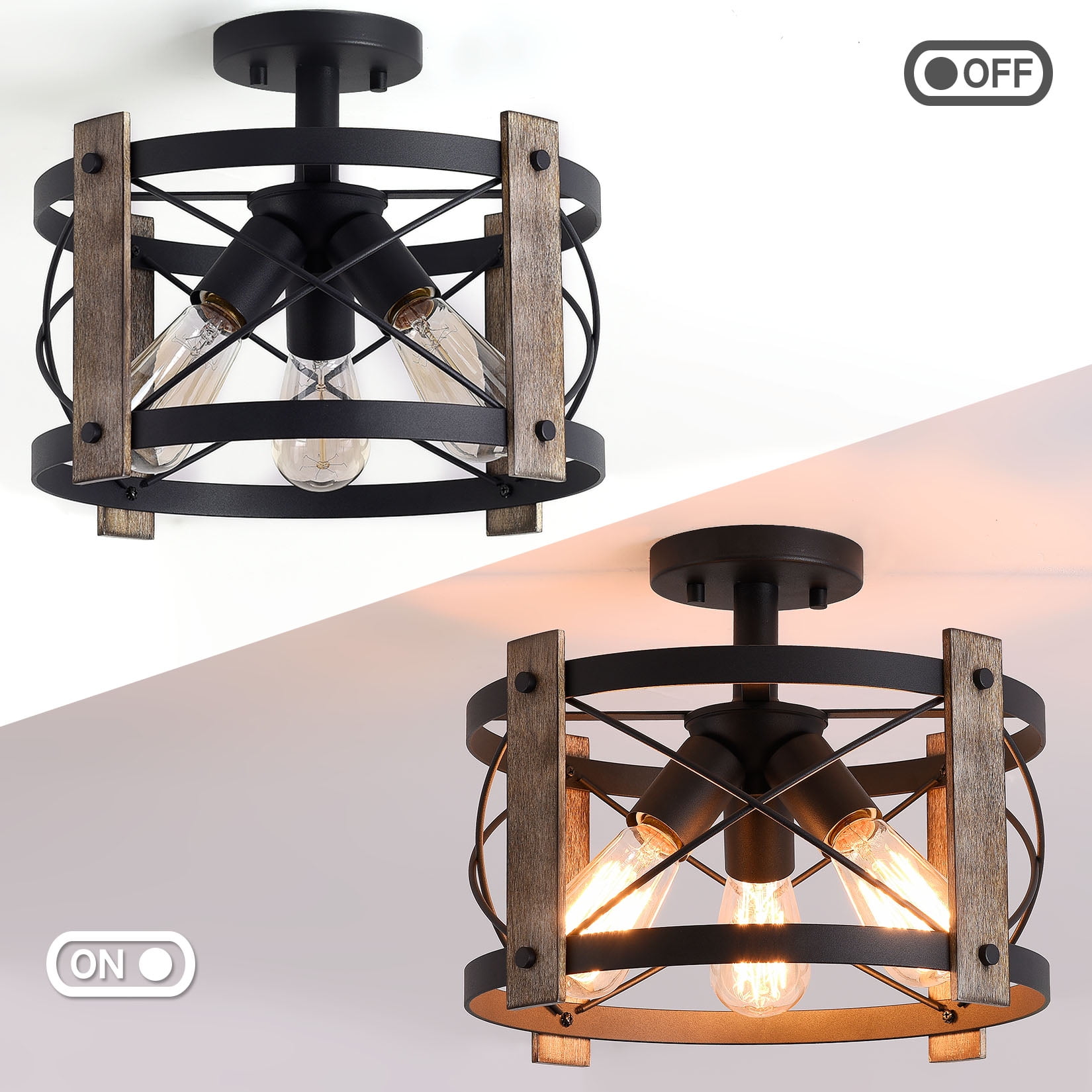 BESTOMINE Flush Mount Ceiling Light Fixture,3-Light Rustic Farmhouse Light Fixtures for Living Room,Kitchen,Bedroom,Foyer,Hallway