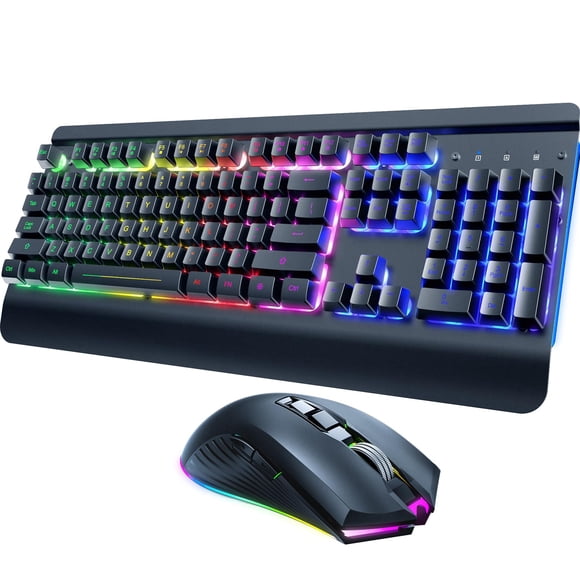 RisoPhy Wireless Gaming Keyboard and Mouse Combo, Metal Panel, 7 Color Backlits, Rechargeable 3200 mAh Battery, Wrist Rest, Sleep Mode, Light Up Keyb