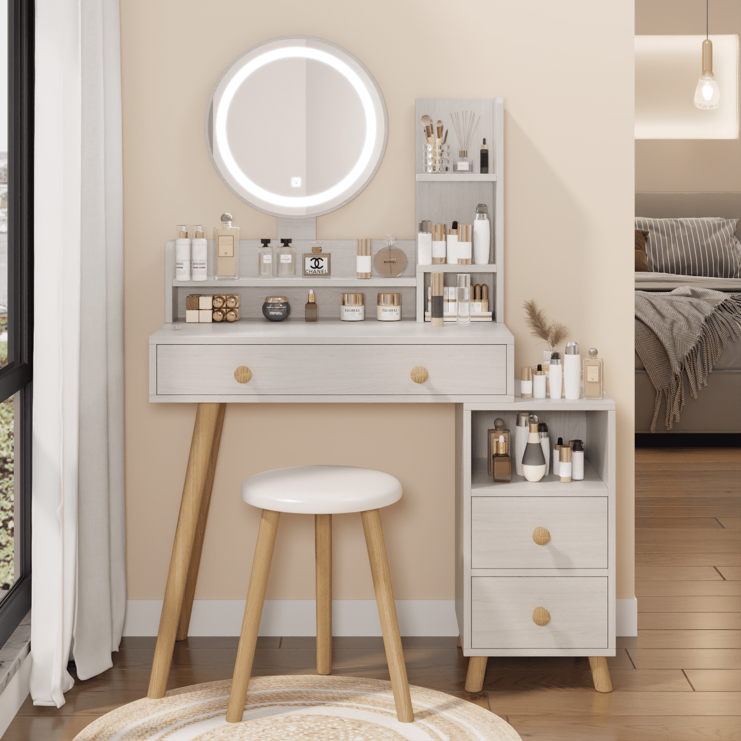 Resenkos Lighted Makeup Vanity Desk Set with Round Mirror&Power Outlet& Stool, Bedroom Dressing Table, White Oak Resenkos Lighted Makeup Vanity Desk Set with Round Mirror&Power Outlet& Stool, Bedroom Dressing Table, White Oak