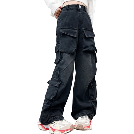 CPNG Girls and Boys Cargo Jeans Straight Wide Leg Elastic High Waist Denim Cargo Skater Jeans Fashion Cargo Denim Pants with Multi-Pockets