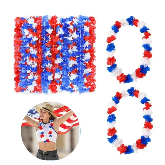 Durable Patriotic Leis,QZS Portable Red White and Blue Flower Leis for Home,24Pcs Patriotic 4th of July Decorations for Flower Necklace,Birthday Party Favors