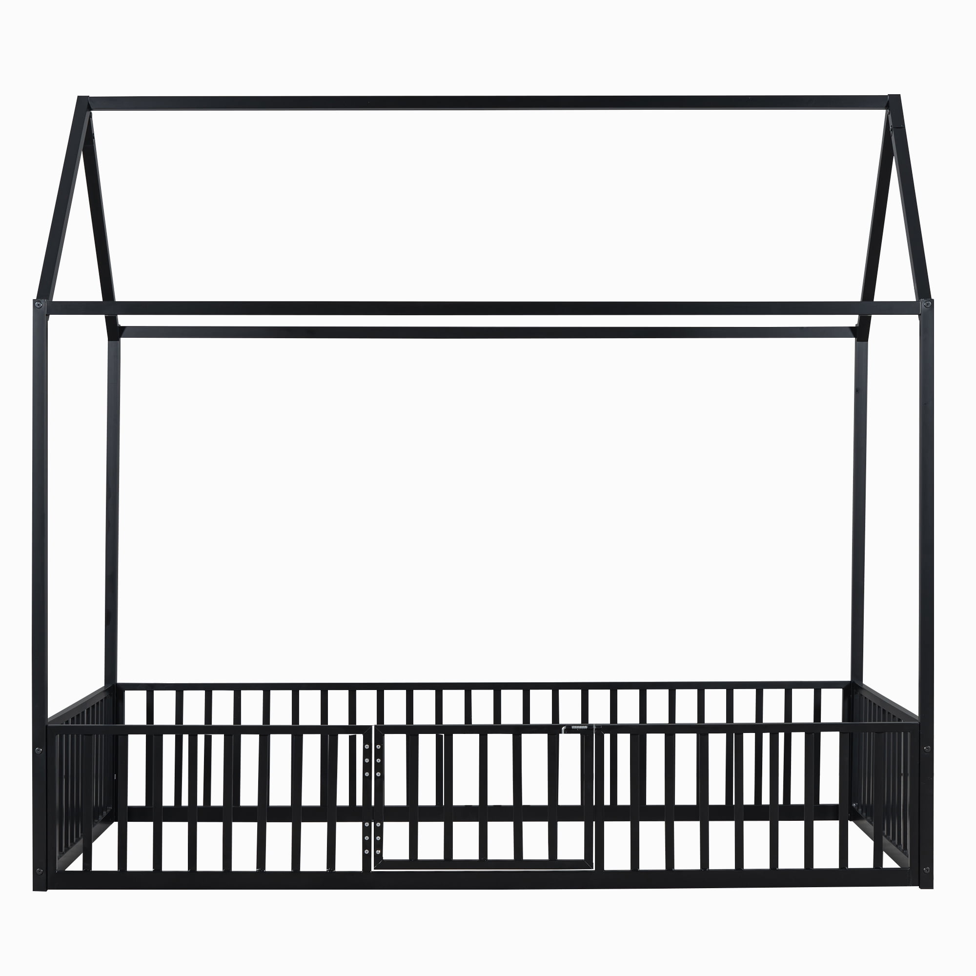MODERNLUXE Twin Size Platform Bed Frame, House Floor Bed with Fence and Door, Black
