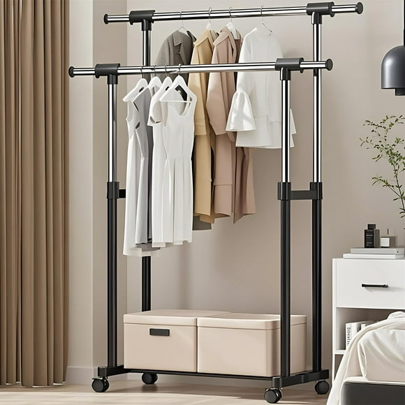 Expandable Double Rod Clothes Rack, Adjustable Tidy Rack Metal Rolling Garment Rack Clothing Shelf for Hanging Clothes (Adjutabel Height and Width)