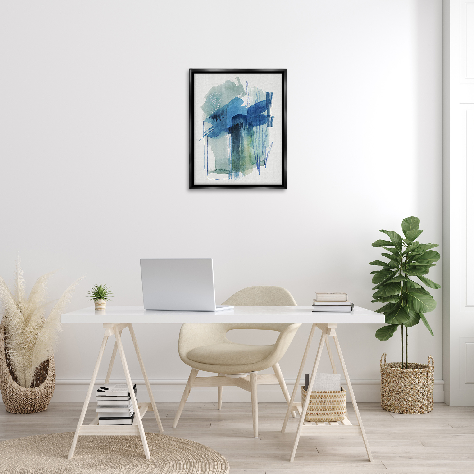 Stupell Industries Blue Scribbles Painting Abstract Painting Black Floater Framed Canvas Art Print Wall Art, 25 x 31