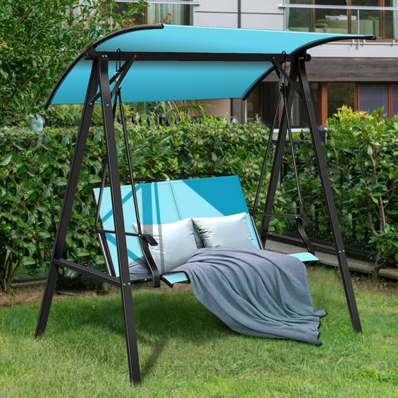 Gymax Balançoire à Auvent de Patio Chaise Balançoire d'Extérieur Hamac à Auvent pour 2 Personnes Turquoise