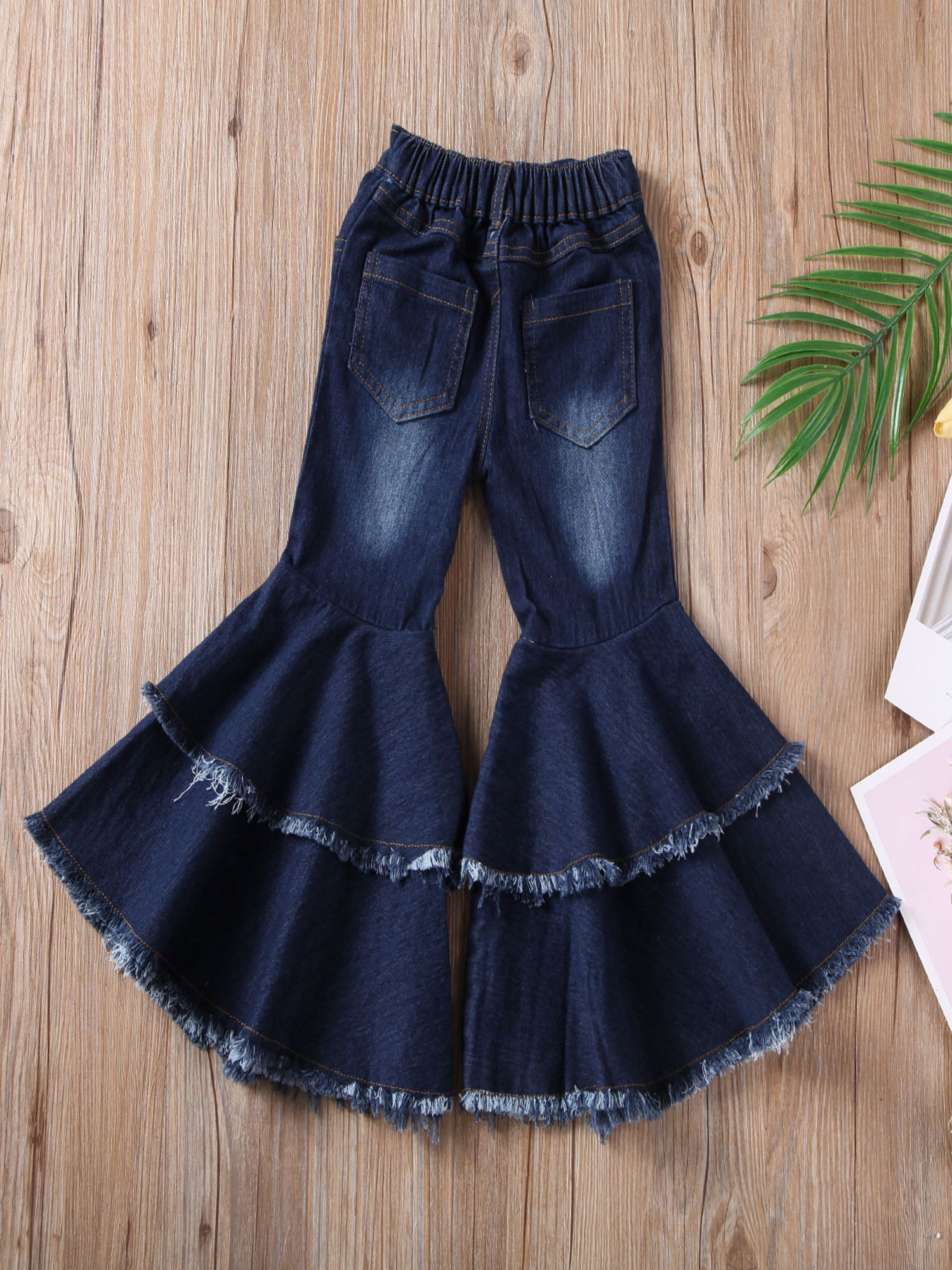 Agoky Girls Ruffle Flare Bell-Bottoms Denim Jeans Kids Youth Waistband High Waisted Pants Leggings Flare Trousers