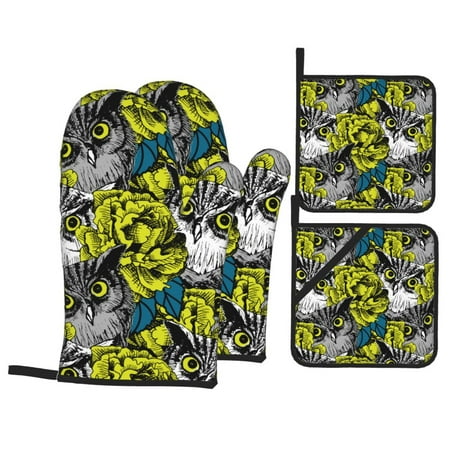 

Oven Mitts and Pot Holders 4 Piece Cool Owls High Heat Slip Resistant Oven Mitt and Trivets Set Kitchen Oven Glove Pot Holders for Cooking Baking Grilling