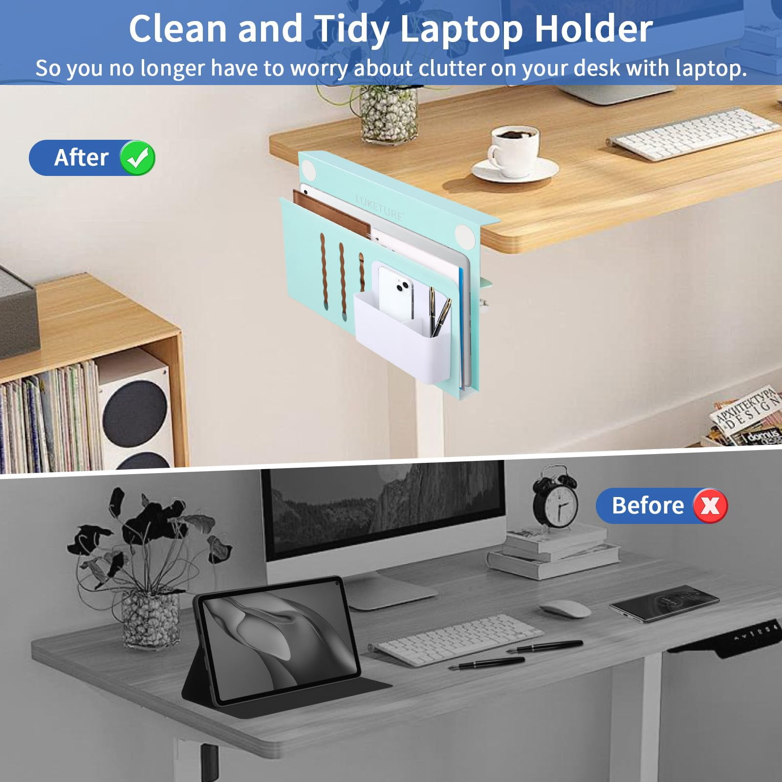 Desk Side Storage  Steel Organizer No Drill Laptop Holder Clamp On Mount With Pen Table Hanging For Home Office Fits Flat Edge Tables 0.3" To 2.8"