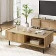 thumbnail image 5 of GAOMON 42.5" Fluted Coffee Table with Drawer and Open Shelf, Mid-Century Modern Center Table, Rectangle Living Room Table with Storage, Wood Grain Finish, Metal Frame, 5 of 7