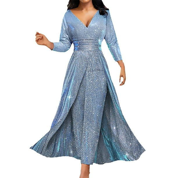 Vestidos de invitada de boda Prolriy para mujer, vestido de fiesta de cóctel formal con mangas largas y lentejuelas, falda larga tipo tubo, sexy, azul, talla S