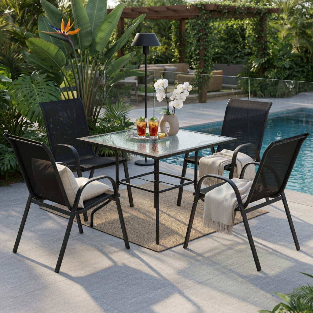 Hommoo 4-Pack Stackable Outdoor Dining Chairs with Armrests, Steel Frame, Ergonomic Design for Patio, Deck & Backyard, Black