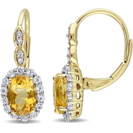 Tangelo 2-1/4 Carat T.G.W. Oval-Cut Citrine, White Topaz and Diamond-Accent 14kt Yellow Gold Halo Leverback Earrings