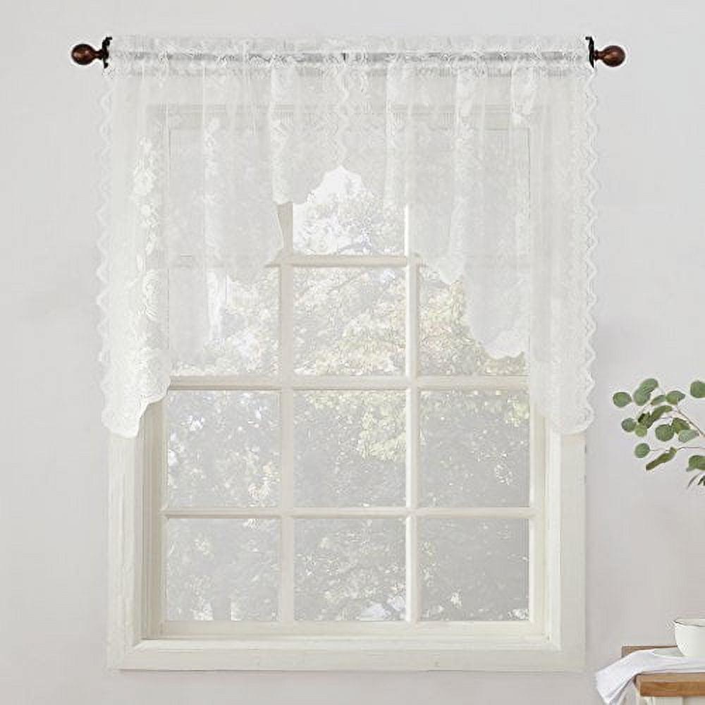 No. 918 Quinn Floral Lace Sheer Rod Pocket Kitchen Curtains, 58"x38", White