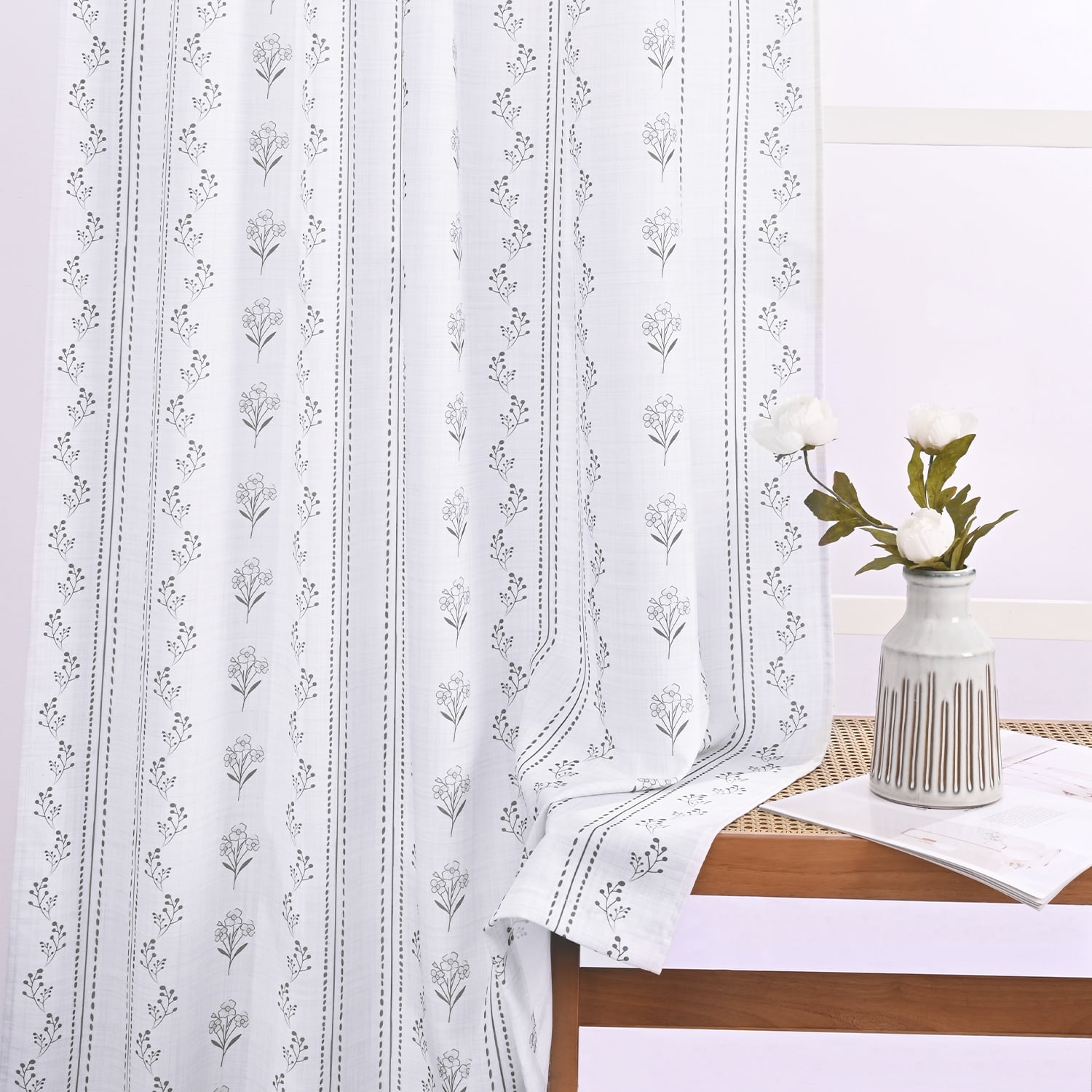Invoibler Boho Floral Print Curtain Panels, Light Filtering Window Drapes for Bedroom and Living Room, Gray, 52" W x 84" L, Set of 2