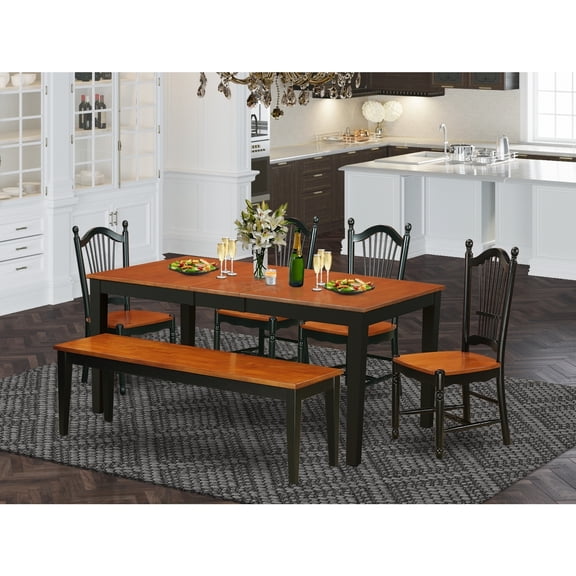 Dining Room Table Set 6 Piece - Kitchen Table with Chairs & Bench - Black & Cherry Finish