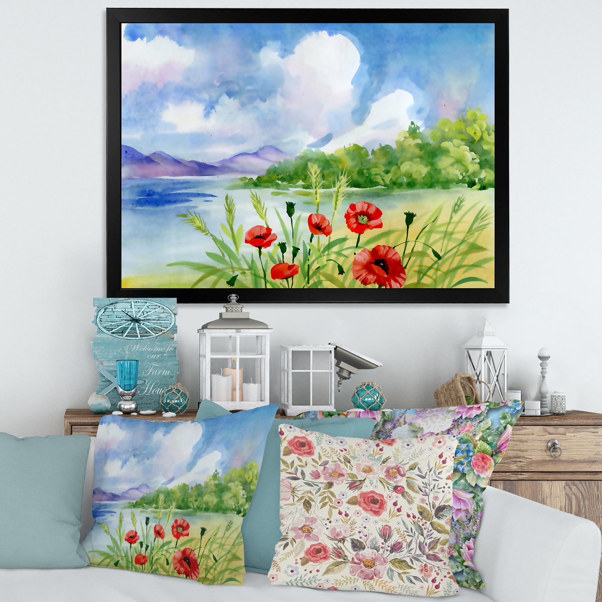 Designart 'Red Tulips On The Bank Near A River Mountain' Lake House Framed Art Print