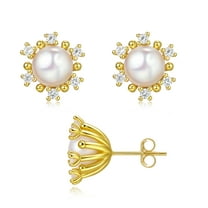 Yami Elegant Cultured White Pearl Earrings Cubic Zirconia Flower Golden Stud , 925 Sterling Silver,8-8.5mm, Hypoallergenic Mother's Day Gifts for Her