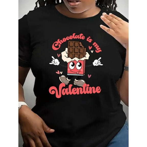 1pc Plus Size Women'S Casual Round Neck T-Shirt, Polyester Knit Fabric, Cartoon Chocolate Valentine Graphic, Loose Fit, with Short Sleeve for Summer Fashion Tee Tee For Adult, Men, Women, Teen, Teena