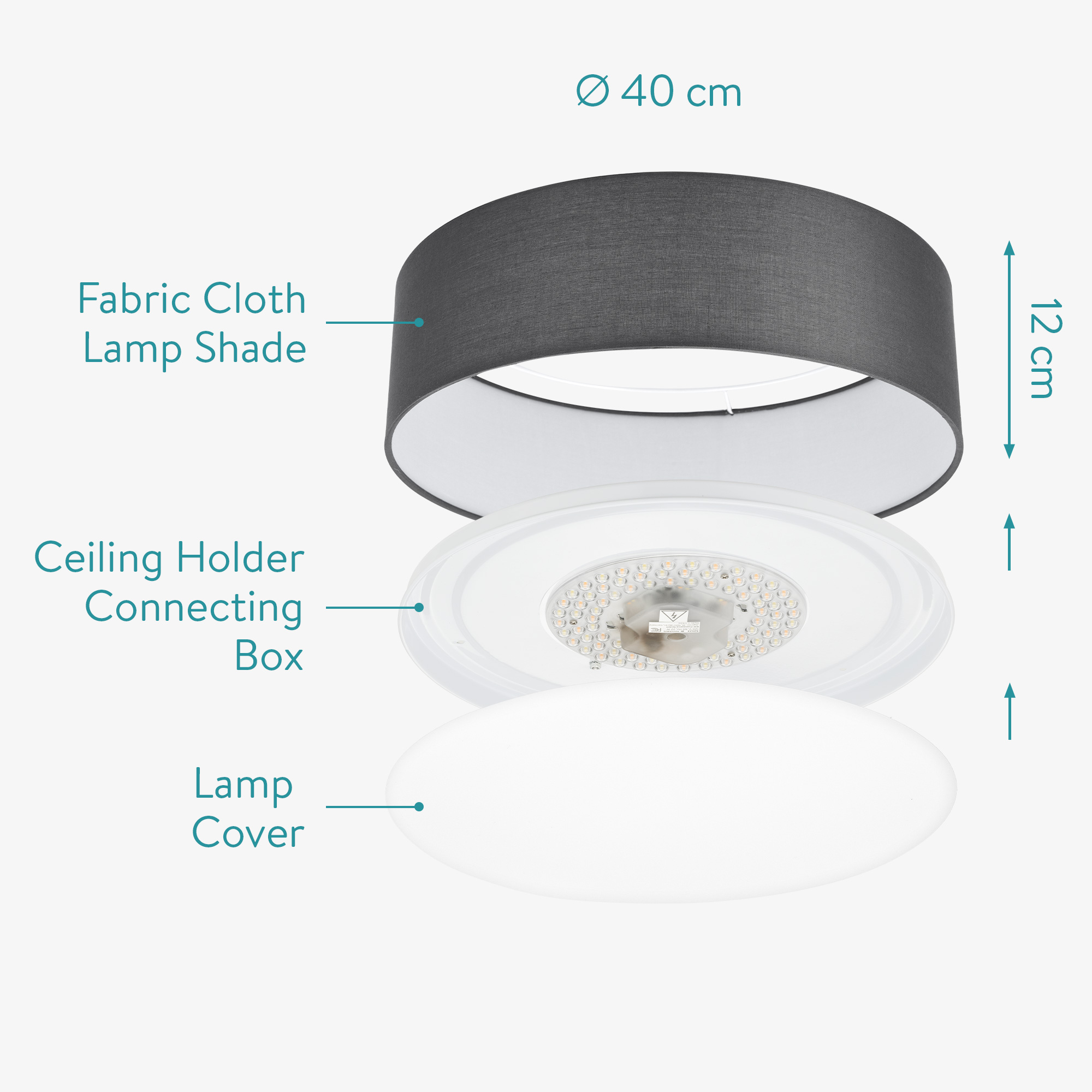 Navaris Flush Mount Ceiling Light - 15.75" Diameter Drum Lamp Shade LED Fixture with Remote Control for Bedroom, Living Room, Kitchen - Dark Gray