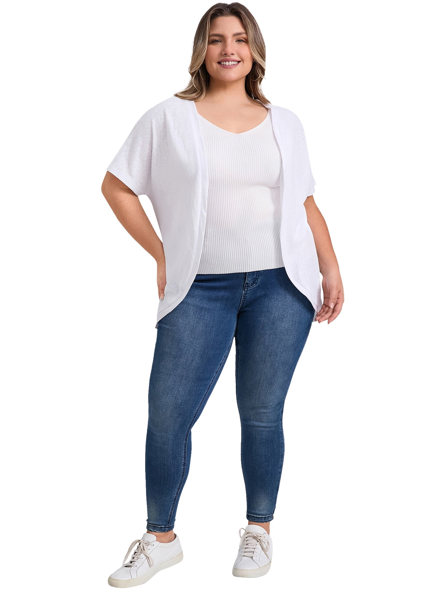 DARING DIVA Women's Plus Open Front Loose Fit Knit Curved Hem Cardigan 1X White